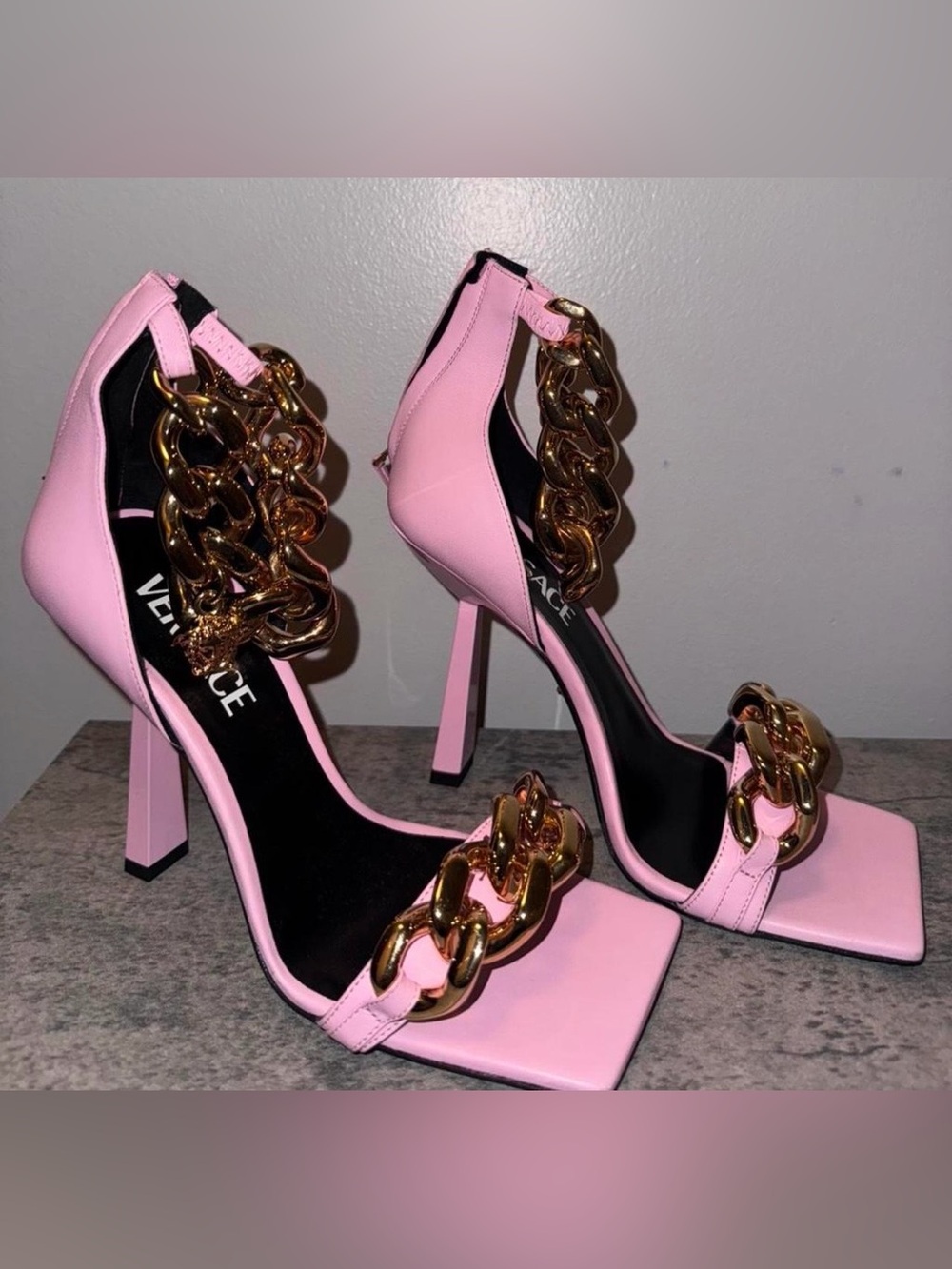 Versace Pink Block Heel Sandals with Bold Gold Chain